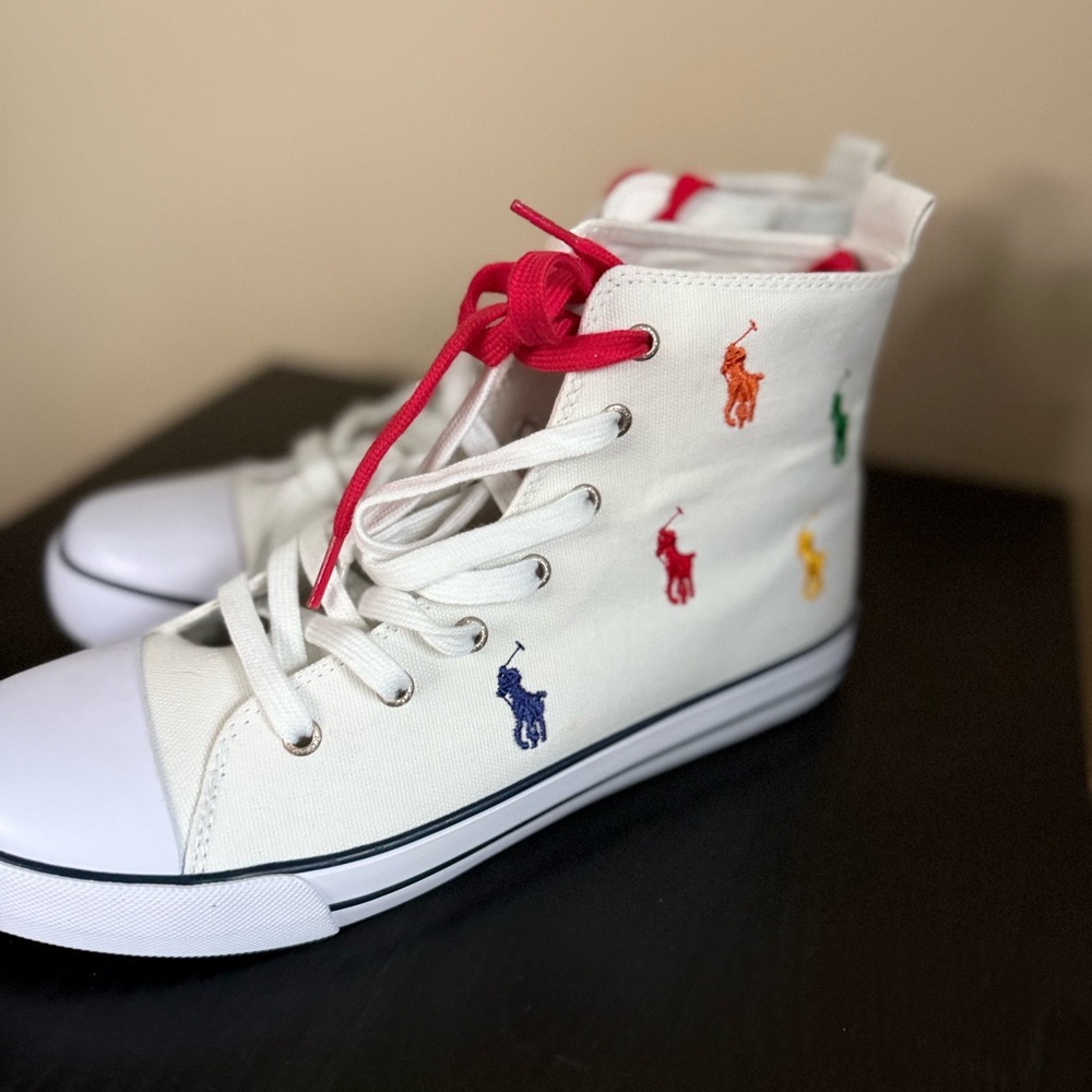 Polo Ralph Lauren Pony Print High Top Sneakers White NWT Womens 8.5 Kids 7 - Picture 6 of 11